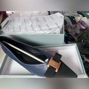 C.Paravano pointed gold buckle detail slip on ballet flats navy black, 8.5 / 39